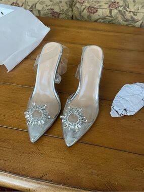 Clear Embellished Pointed Toe Mules - Women's Shoes